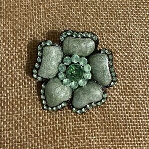Vintage Pale Green Enamel and Rhinestones with Silver Tone Metal Flower Brooch